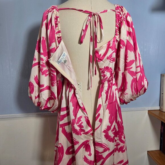 She + Sky Medium Hot Pink White Floral V Neck Balloon Sleeve Knee Length Dress - Picture 8 of 11